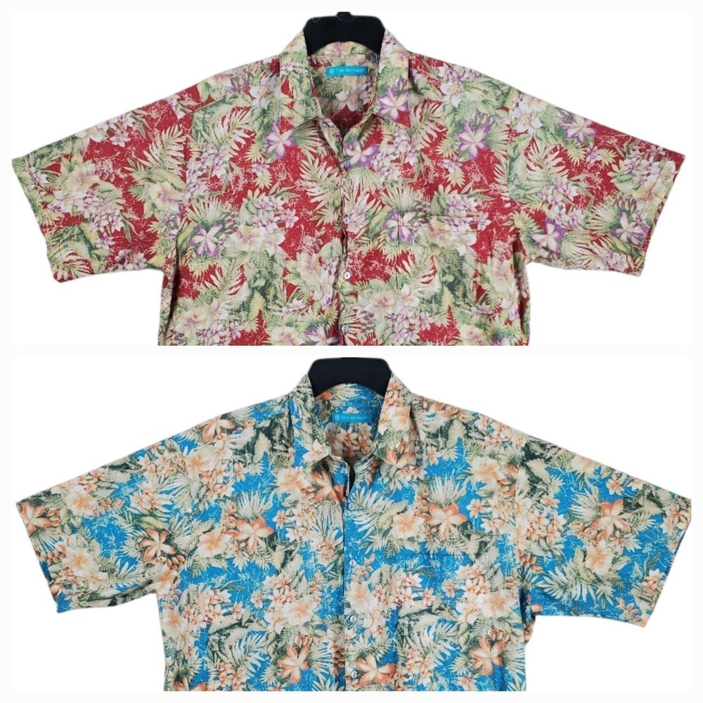 Vtg Tori Richard Hawaiian Shirt Mens L Blue Beige Floral Lawn Cotton Lot Of 2